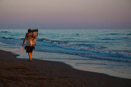 渔夫, 海滩, 人, 老人, 步行, 日落