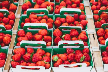 束, 草莓, 框, 草莓, 收获, 市场, 新鲜