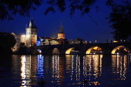 布拉格, 晚上, 桥梁, 资本, 河, 城市, 蓝色