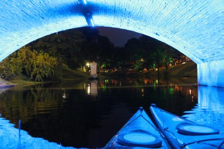 皮划艇, 晚上, 里加, 隧道, 建筑, 反思, 河