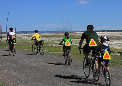 骑自行车的人, 家庭, 骑马, 黄石, 国家公园, 怀俄明州, 自行车