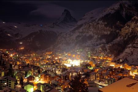 山, 村庄, 小镇, 晚上, 灯, 照明, 滑雪