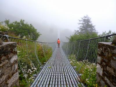 桥梁, 悬索桥, 徒步旅行, 雾, 尼泊尔