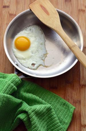 鸡蛋, 油炸, 单面, 煎锅, 锅铲, 食品, 早餐