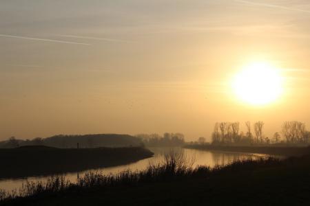 河, 冬天, 水, 傍晚的太阳, 朱利安·亨特, 奥登堡, 大气