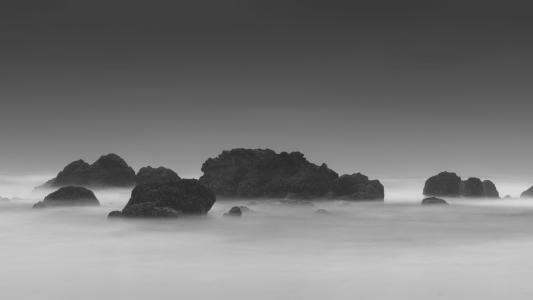 黑白, 雾, 岩石, 海