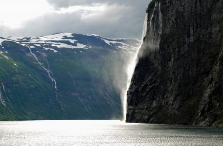 峡湾, 西北挪威, 瀑布, 海, 山, 风景, sprey