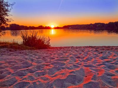 日落, 沙子, 红色, 日出, 湖, 海滩, 地平线