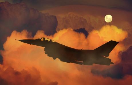 空气飞机, 战斗机, 夜晚的天空, 月亮, 云彩, 飞机, 军事