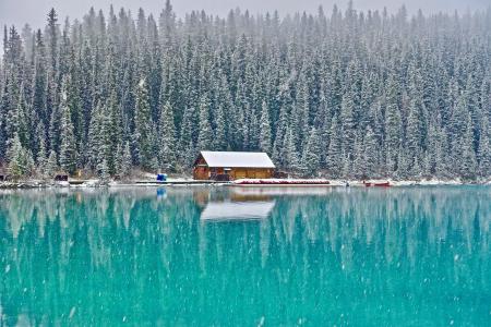 小木屋, 露易斯湖, 加拿大, 森林, 户外, 风景名胜, 荒野