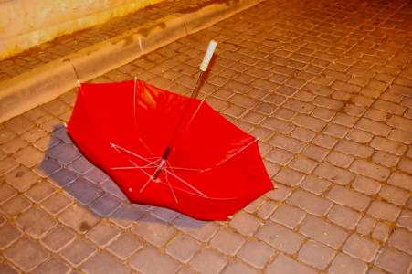 红色, 雨伞, 失去了, 城市, 悲伤, 冬天, 风