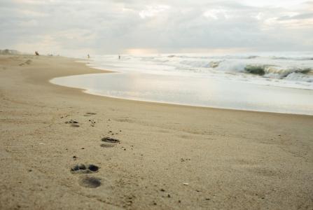 海滩, 沙子, 脚印, 海岸, 海洋, 海, 水