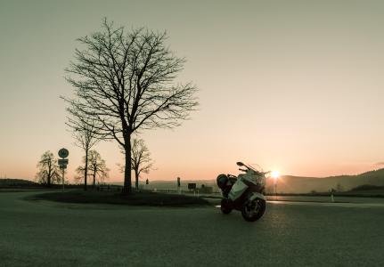 日落, 阳光明媚, 摩托车, 道路, 树, 街道, 景观