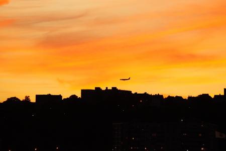 纽约, 晚上, 飞机, 日落, 剪影, 橙色, 云的天空