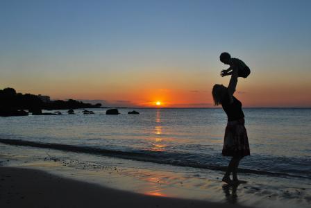 母亲, 儿子, 宝贝, 海滩, 日落, 玩, 快乐
