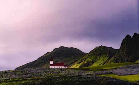 冰岛, 教会, 山脉, 天空, 云彩, 日落, 黄昏