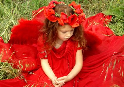 女孩, 罂粟花, 红色, 红头发, 营地, 花, 幻想