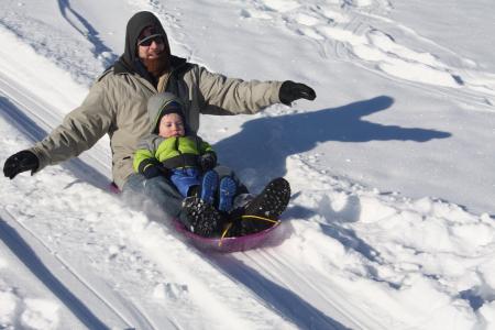雪橇, 冬天, 父亲, 儿子, 雪, 下坡, 运动