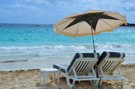 甲板上的椅子, 海滩, 海, 天空, 蓝色, 阳伞, 目的地