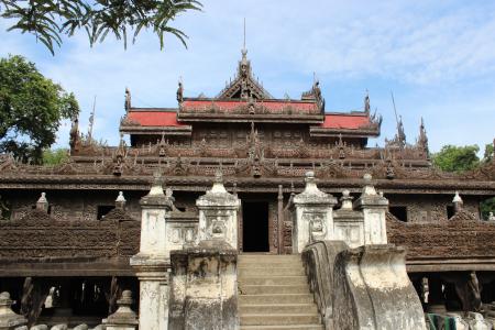 缅甸, 曼德勒, 寺, 缅甸, 亚洲, 寺庙建筑群, 木制的邮票