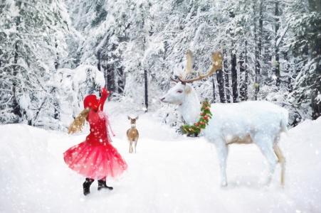 冬天, 跳舞的小女孩, 白鹿, 雪, 女孩, 孩子, 儿童