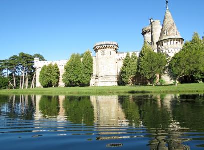 城堡, 奥地利, 池塘, 夏季的一天, 蓝蓝的天空, 水中倒影, 公园