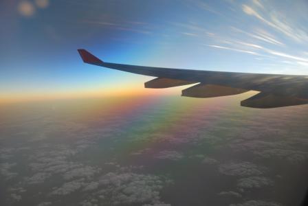 飞机, 翼, 云彩, 日出, 蓝色, 地平线, 景观
