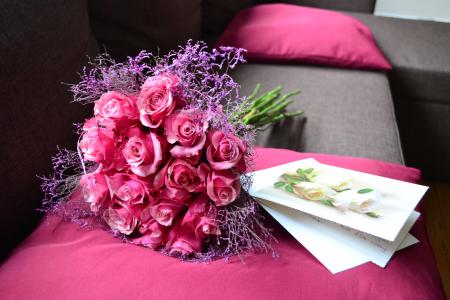 花束, 玫瑰, 粉色, prezent, 明信片, 礼物, 玫瑰-花
