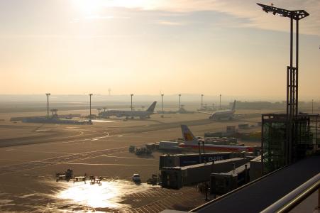 机场, 法兰克福, 之前，, 飞机, 空中交通, 天空, 傍晚的太阳