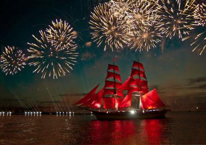 致敬, 假日, 船舶, 帆船, 猩红帆, 涅瓦河, 俄罗斯圣彼得堡