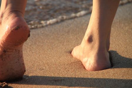 赤脚, 海滩, 女孩, 双腿, 沙子, 海, 日出