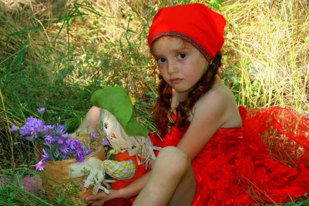 女孩, 红色, 小红帽, 森林, 购物篮, 故事