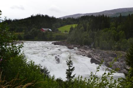 瀑布, 挪威, 维夫斯纳河, 山脉, 森林, 字段, 村庄