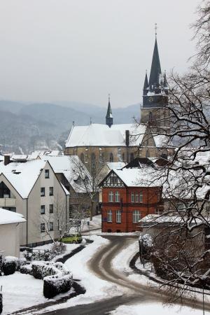 冬天, 雪, 城市景观, 建设, 教会, 尖塔, 道路