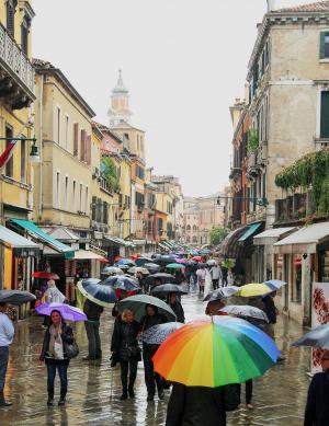 威尼斯, 遮阳伞, 下雨, 人, 通过, 步行, 城市