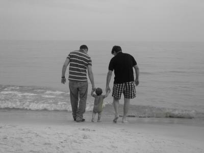 家庭, 父亲, 海滩, 儿童, 行走, 在一起, 手牵着手