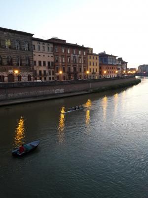 意大利, 比萨, 假日, 晚上, 河, 小船, 水的边缘