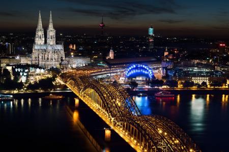 科隆, 科隆大教堂, 霍亨索伦桥, 在晚上的科隆, 科隆大教堂在晚上, 桥-男人作结构, 照明