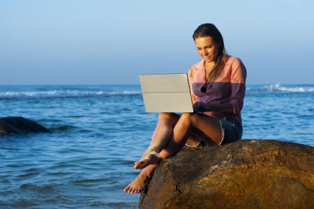 海滩, 女士, 笔记本电脑, 休闲, 生活方式, 海洋, 户外