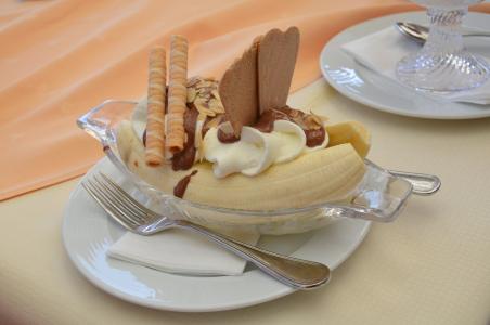 冰, 甜点, 香蕉分裂, 华夫饼, 奶油, 叉子, 封面