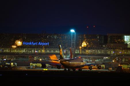 法兰克福, 机场, fraport, 波音公司, 747, 晚上, 客机