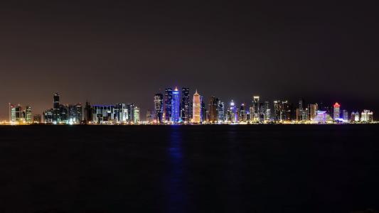 多哈, 卡塔尔, 西湾, 晚上, 照明, 反思, 城市景观