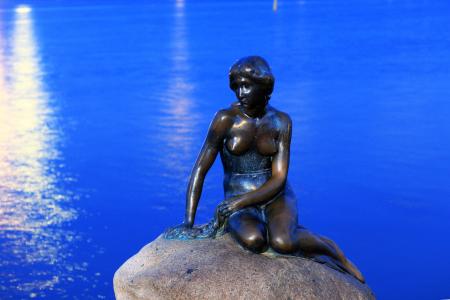 小美人鱼, 哥本哈根, kobanhavn, 小美人鱼, 蓝色, 雕像, 丹麦