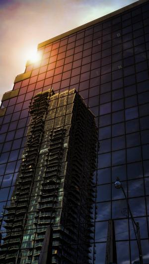 摩天大楼, 建筑, 反思, 多伦多, 日落, 市中心, 建设