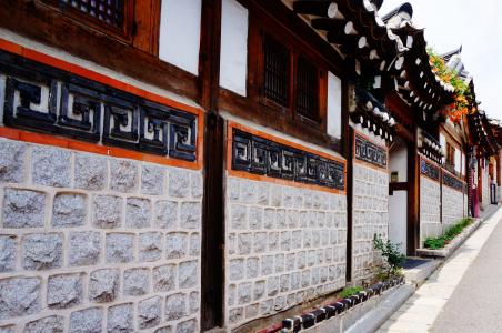 韩国, 汉城, 旧的时尚, 传统, 村庄, 房子, 墙上