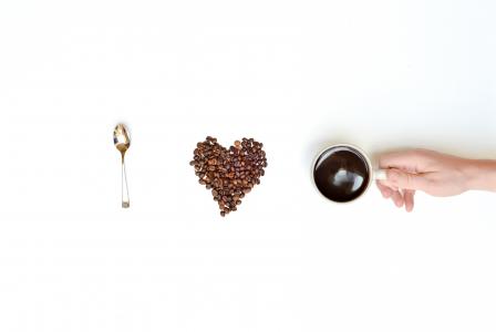 爱, 咖啡, 手, 鸟瞰图, 心的形状, 咖啡豆, 勺子
