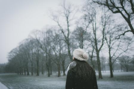 女人, 站, 附近的, 枯萎的, 树, 雪, 时间