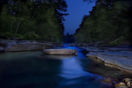 水, 岩石, 石头, 蓝色, 克里克, 光画, 晚上
