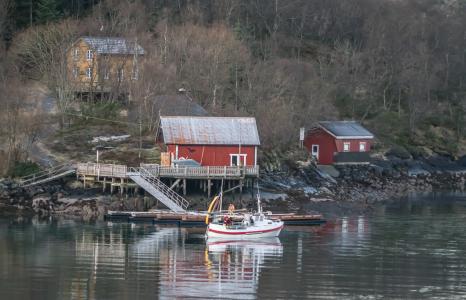 挪威, 海岸线, 水, 反思, 红房子, 斯堪的那维亚, 景观