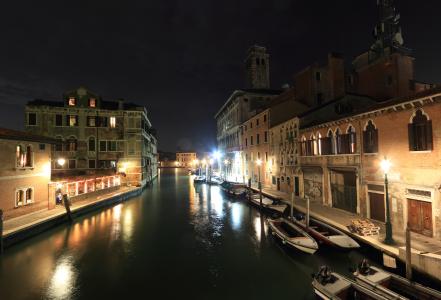 意大利, 威尼斯, 运河, 晚上, 月亮